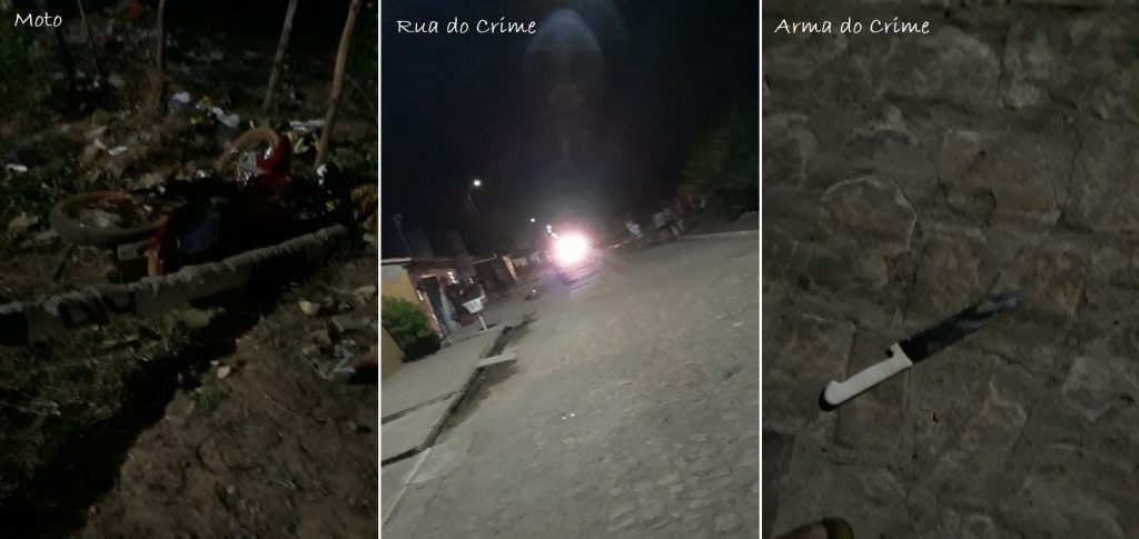 Na imagem, a moto usada pelo acusado, a rua do crime e a arma usada na agressão